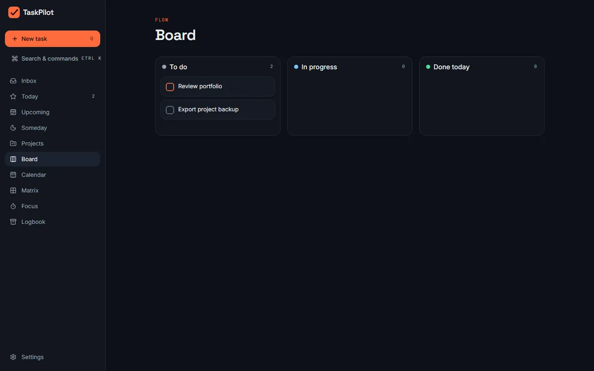 TaskPilot, live 2026 interface