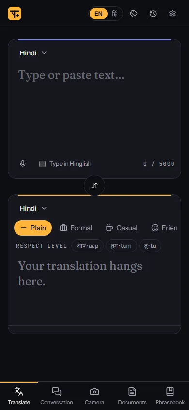 Translate+ live phone interface at 390 pixels wide