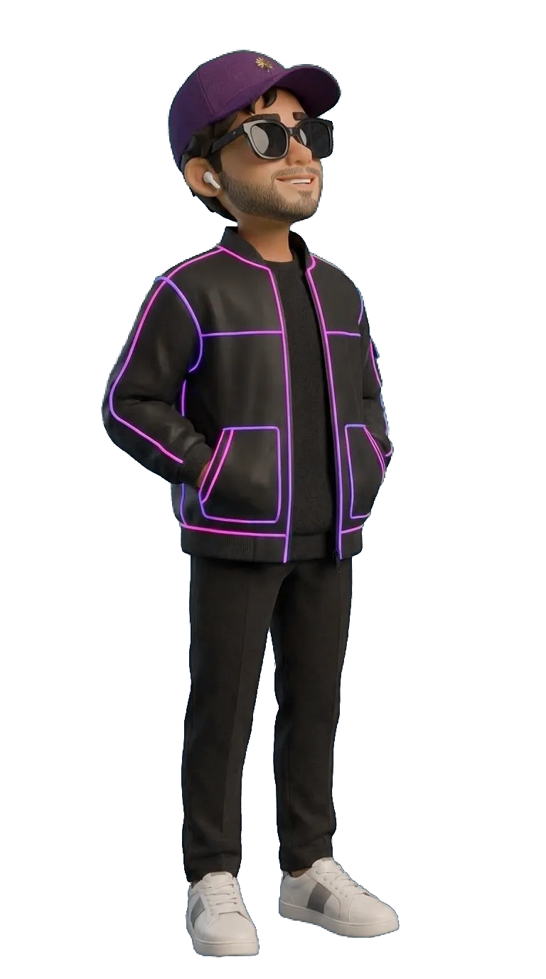 Emmanuel's character in a neon-piped jacket, looking up at a skyline