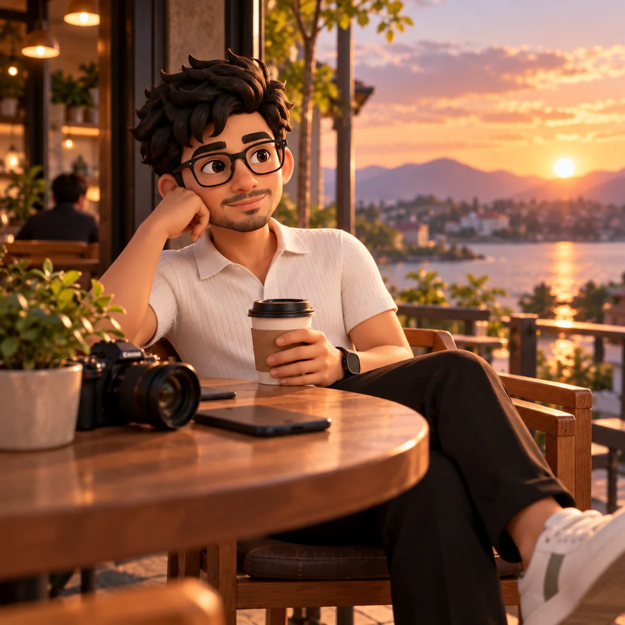 Emmanuel's character with a coffee by the water at golden hour