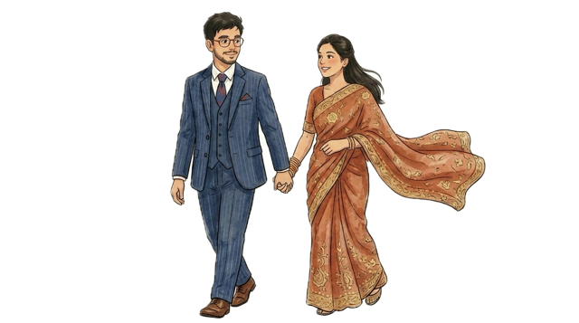 Illustration of Tina and Emmanuel walking hand in hand